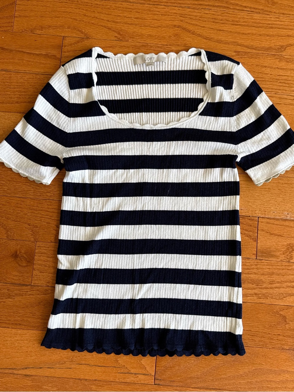 LOFT Navy & White Striped Ribbed Square Neck Short Sleeve Sweater, Size Medium
